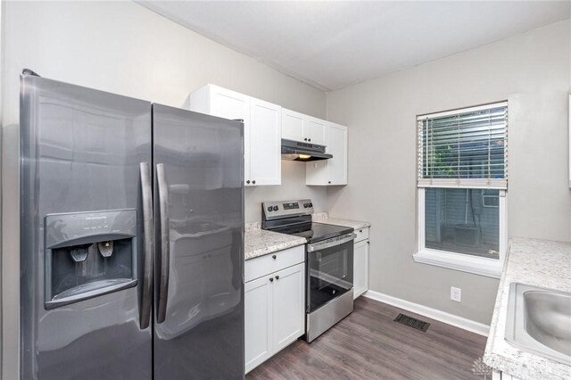 2215 Pearl St, Middletown, OH 45044 - kitchen with appliances with stainless steel finishes, under cabinet range hood, dark wood finished floors, and white cabinetry