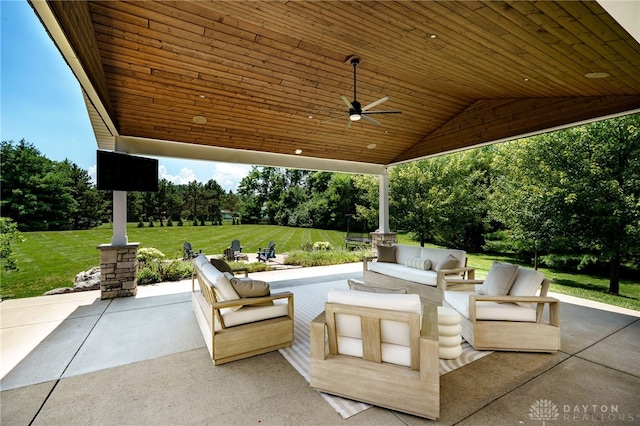 7949 Bending Willow Ct, Clearcreek Twp, OH 45068 - view of patio / terrace featuring an outdoor living space, view of wooded area, and ceiling fan