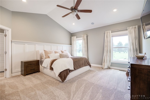 7949 Bending Willow Ct, Clearcreek Twp, OH 45068 - bedroom featuring light colored carpet, vaulted ceiling, recessed lighting, a ceiling fan, and wainscoting