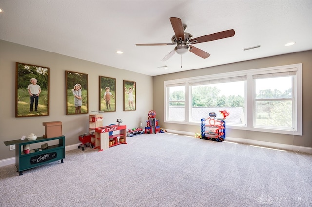 7949 Bending Willow Ct, Clearcreek Twp, OH 45068 - game room with carpet flooring, a ceiling fan, and recessed lighting