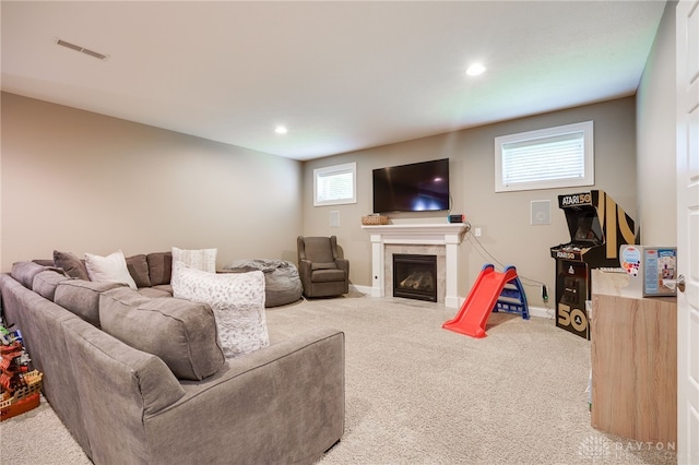 7949 Bending Willow Ct, Clearcreek Twp, OH 45068 - living room with carpet floors, a tile fireplace, and recessed lighting