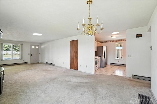 634 S Main, West Milton, OH 45383 - unfurnished living room featuring baseboard heating, a chandelier, and light carpet
