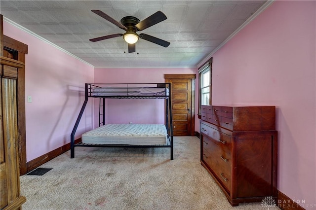 513 S High St, Arcanum, OH 45304 - bedroom featuring light carpet, crown molding, and a ceiling fan