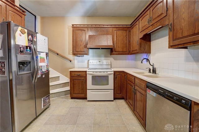 513 S High St, Arcanum, OH 45304 - kitchen featuring appliances with stainless steel finishes, custom range hood, and brown cabinetry
