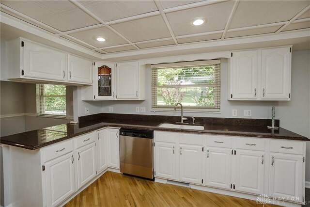 5975 Oakridge Dr, Hamilton, OH 45011 - kitchen featuring stainless steel dishwasher, healthy amount of natural light, light wood-style flooring, white cabinets, and recessed lighting