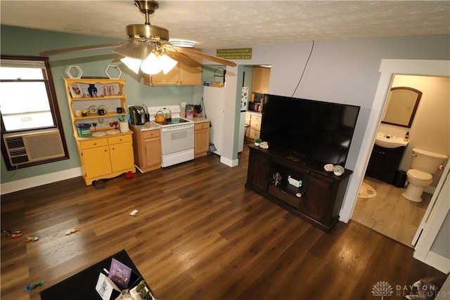 230 S 5th St, Miamisburg, OH 45342 - kitchen featuring white electric range, ceiling fan, open shelves, light countertops, and dark wood-style flooring