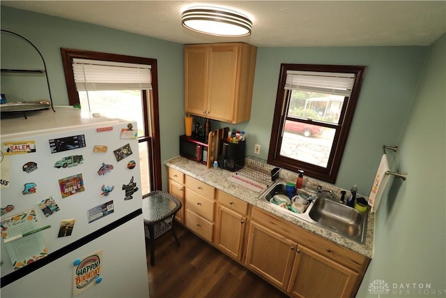 230 S 5th St, Miamisburg, OH 45342 - kitchen featuring freestanding refrigerator, dark wood-style flooring, and light countertops