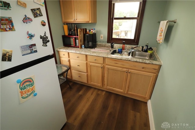 230 S 5th St, Miamisburg, OH 45342 - kitchen with freestanding refrigerator, dark wood-type flooring, and light countertops