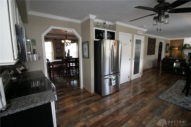 6377 Holloway Dr, Liberty Twp, OH 45044 - kitchen featuring freestanding refrigerator, arched walkways, dark wood finished floors, a chandelier, and ornamental molding