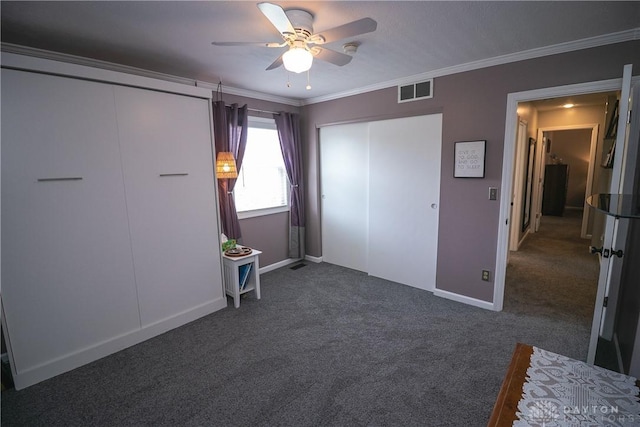 6377 Holloway Dr, Liberty Twp, OH 45044 - unfurnished bedroom featuring crown molding, dark carpet, and ceiling fan