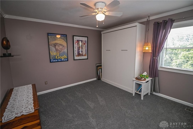 6377 Holloway Dr, Liberty Twp, OH 45044 - unfurnished room with ceiling fan, dark carpet, and crown molding