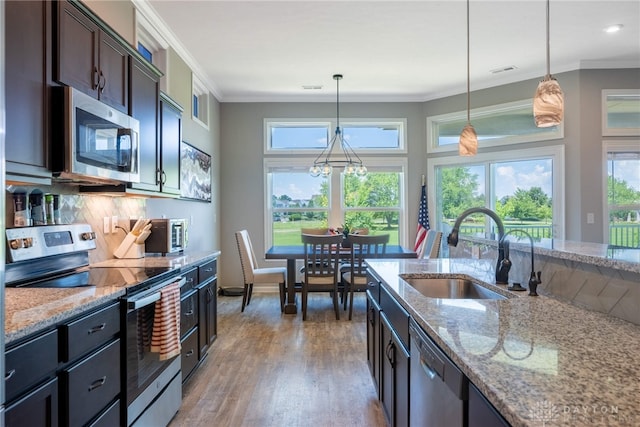 4374 Fairway Ln, Lebanon, OH 45036 - kitchen with stainless steel appliances, light wood-style flooring, decorative light fixtures, dark brown cabinets, and ornamental molding