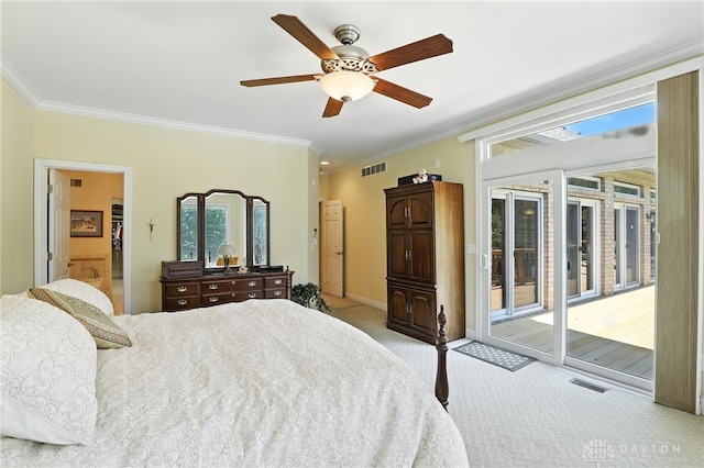 6885 Willow Creek Run, Liberty Twp, OH 45044 - carpeted bedroom with access to exterior, ornamental molding, and a ceiling fan
