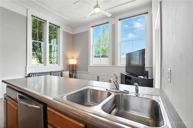 226 Mcdaniel St Unit 160, Dayton, OH 45405 - kitchen featuring plenty of natural light, stainless steel dishwasher, brown cabinets, and ceiling fan