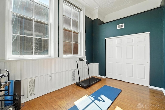 226 Mcdaniel St Unit 160, Dayton, OH 45405 - workout area featuring wood-type flooring and a wainscoted wall