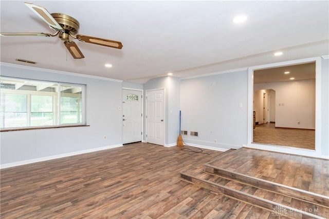 2841 Prospect Dr, Fairborn, OH 45324 - foyer entrance with wood finished floors, ceiling fan, recessed lighting, crown molding, and arched walkways