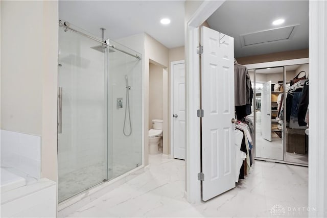5535 Longhunter Chase Dr, Liberty Twp, OH 45044 - bathroom with a stall shower, a spacious closet, marble finish flooring, and a garden tub