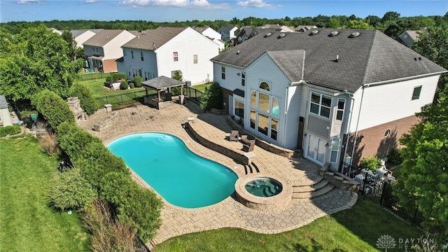 4300 Turtledove Way, Miamisburg, OH 45342 - view of pool featuring a gazebo, a fenced backyard, a patio, a pool with connected hot tub, and a residential view