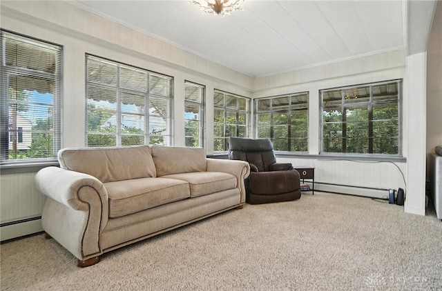 1551 W Main St, New Lebanon, OH 45345 - sunroom with ornamental molding, a baseboard radiator, and carpet flooring