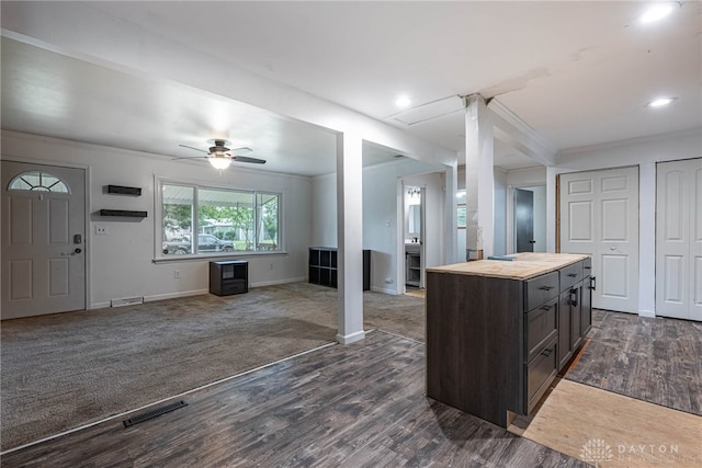359 Gladys Ave, Franklin, OH 45005 - kitchen featuring crown molding, dark wood finished floors, ceiling fan, butcher block countertops, and dark brown cabinets