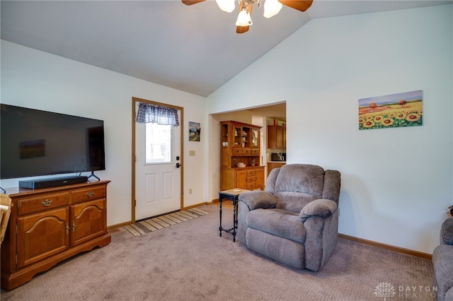 215 Christina Way, Franklin, OH 45005 - living area with a ceiling fan, light carpet, and high vaulted ceiling