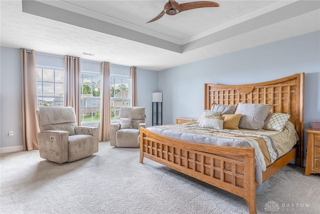 9282 Maple Brook St, Clearcreek Twp, OH 45458 - bedroom with carpet, ornamental molding, a raised ceiling, a ceiling fan, and a textured ceiling