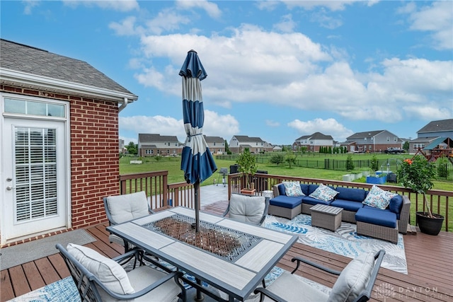 9282 Maple Brook St, Clearcreek Twp, OH 45458 - wooden terrace with outdoor dining area, outdoor lounge area, and a residential view