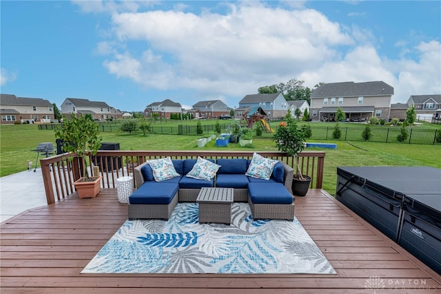 9282 Maple Brook St, Clearcreek Twp, OH 45458 - wooden deck with an outdoor living space, a fenced backyard, and a residential view