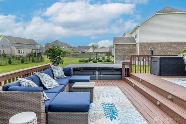 9282 Maple Brook St, Clearcreek Twp, OH 45458 - wooden terrace featuring outdoor lounge area, a residential view, and a covered hot tub