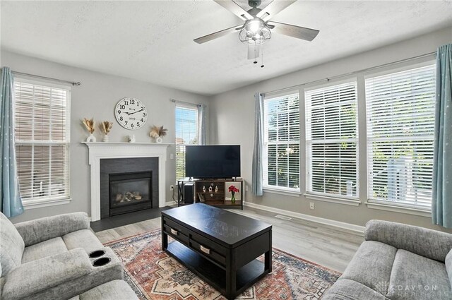 3492 King Edward Way, Beavercreek, OH 45431 - living area featuring wood finished floors, a fireplace with flush hearth, and ceiling fan