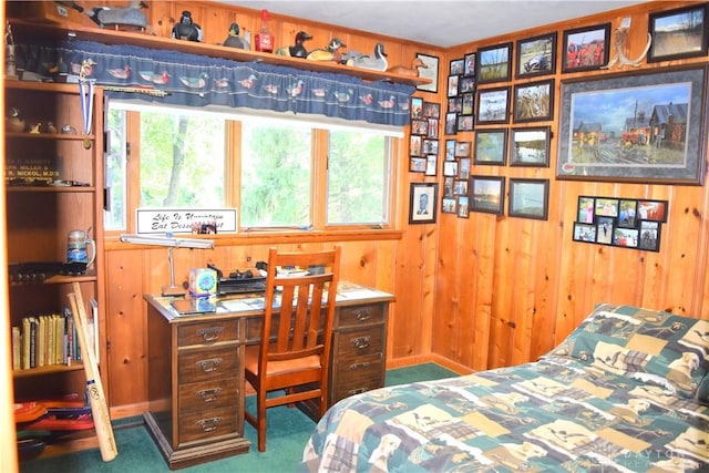 3235 W Ziegler Rd, Piqua, OH 45356 - bedroom with carpet floors, a desk, and wood walls