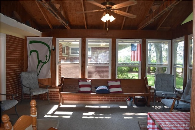 3235 W Ziegler Rd, Piqua, OH 45356 - sunroom / solarium with a ceiling fan, carpet flooring, brick wall, and wood ceiling