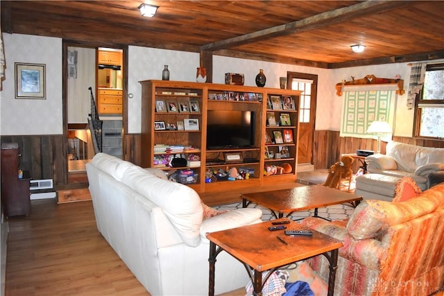 3235 W Ziegler Rd, Piqua, OH 45356 - living area featuring wood ceiling, wainscoting, wood finished floors, and wood walls