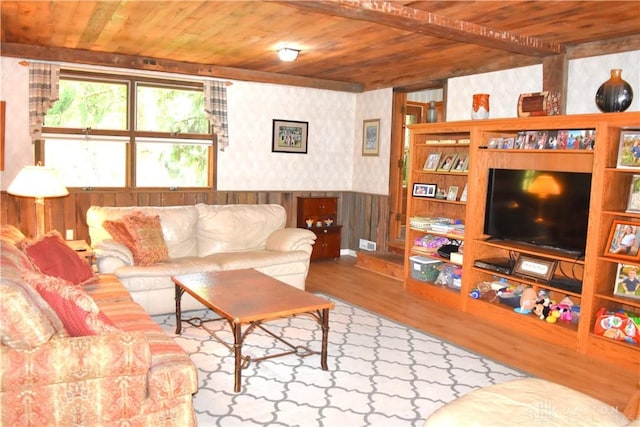 3235 W Ziegler Rd, Piqua, OH 45356 - living area featuring wood ceiling, wallpapered walls, wood finished floors, and wainscoting