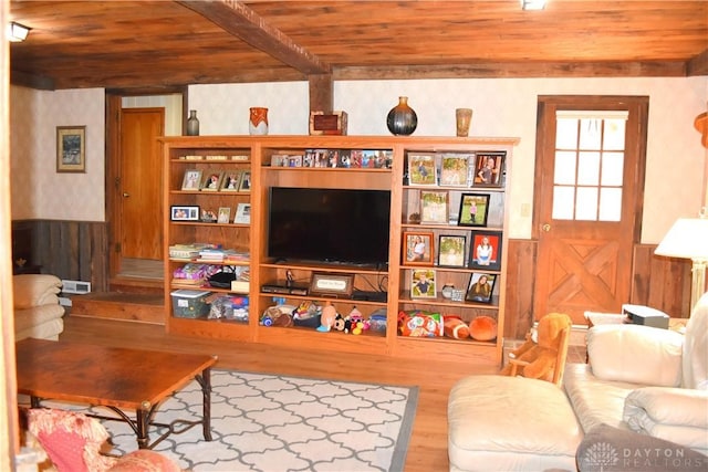 3235 W Ziegler Rd, Piqua, OH 45356 - living room with wooden ceiling, a wainscoted wall, wallpapered walls, and wood finished floors