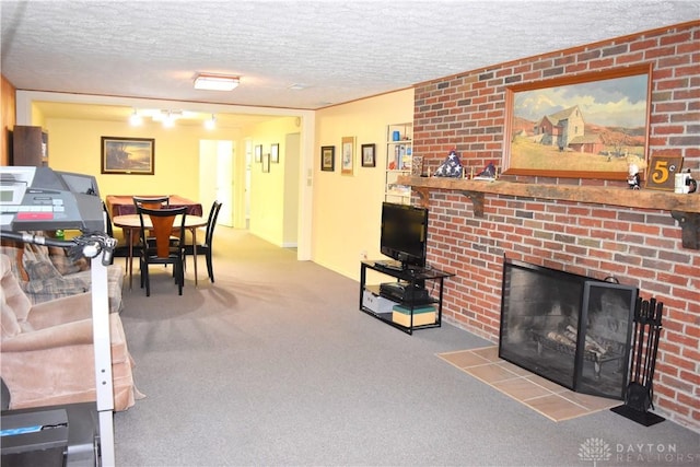 3235 W Ziegler Rd, Piqua, OH 45356 - carpeted living room with a brick fireplace and a textured ceiling