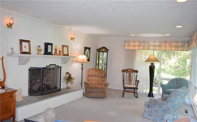 3235 W Ziegler Rd, Piqua, OH 45356 - carpeted living room with crown molding, a fireplace, and healthy amount of natural light