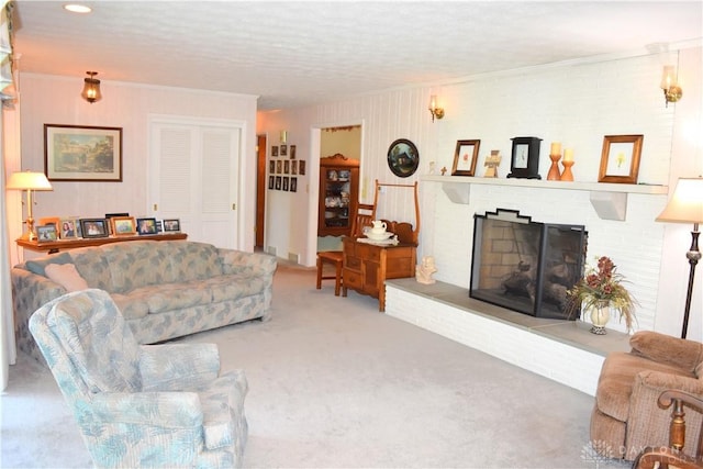 3235 W Ziegler Rd, Piqua, OH 45356 - living area with a fireplace, carpet flooring, and crown molding