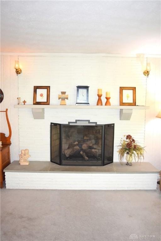 3235 W Ziegler Rd, Piqua, OH 45356 - detailed view of a fireplace with raised hearth and carpet flooring