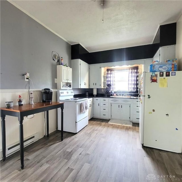 300 S Evans St, Saratoga, IN 47382 - kitchen with white appliances, a baseboard radiator, light wood-style flooring, crown molding, and white cabinets