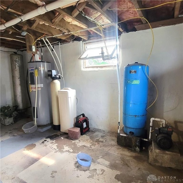 300 S Evans St, Saratoga, IN 47382 - below grade area featuring water heater, a water softener, and a water pressure tank