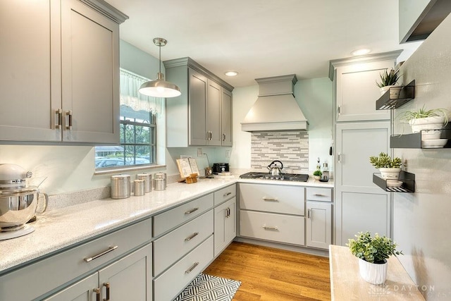 3318 US Route 42, Cedarville Twp, OH 45314 - kitchen with premium range hood, gray cabinetry, light countertops, and recessed lighting