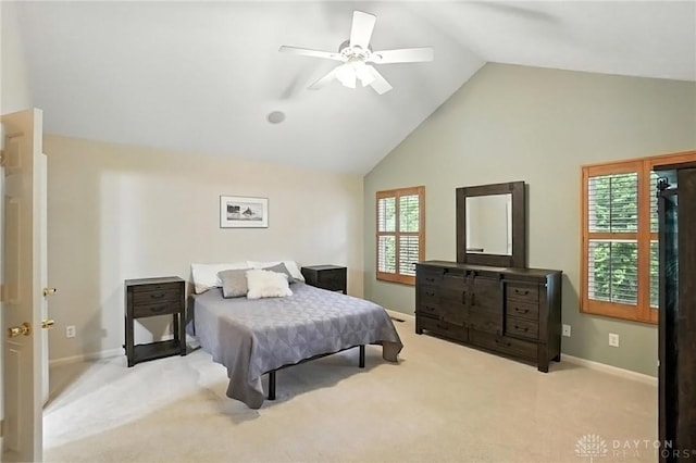 2210 Hidden Woods Blvd, Beavercreek, OH 45431 - bedroom featuring carpet floors, high vaulted ceiling, and a ceiling fan