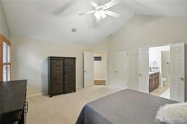 2210 Hidden Woods Blvd, Beavercreek, OH 45431 - bedroom featuring light colored carpet, ensuite bathroom, high vaulted ceiling, and ceiling fan