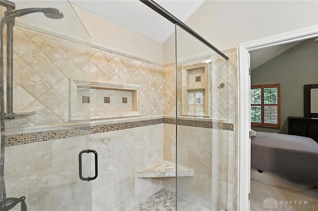2210 Hidden Woods Blvd, Beavercreek, OH 45431 - full bath featuring connected bathroom, a stall shower, and lofted ceiling