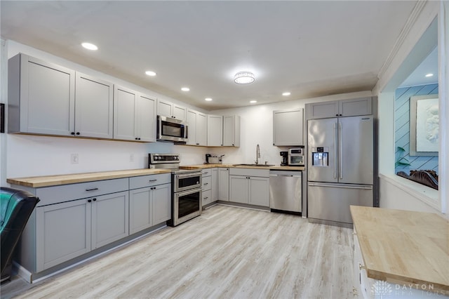 11920 State Route 725, Germantown, OH 45327 - kitchen with wooden counters, stainless steel appliances, light wood-style flooring, gray cabinetry, and recessed lighting