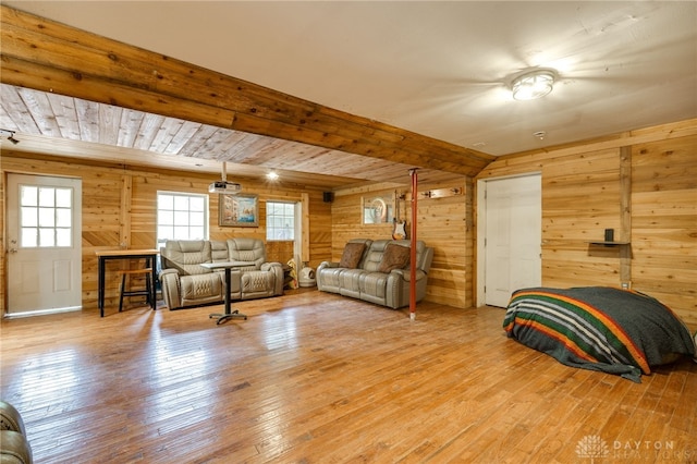 11920 State Route 725, Germantown, OH 45327 - living area with wooden walls, hardwood / wood-style flooring, and beamed ceiling