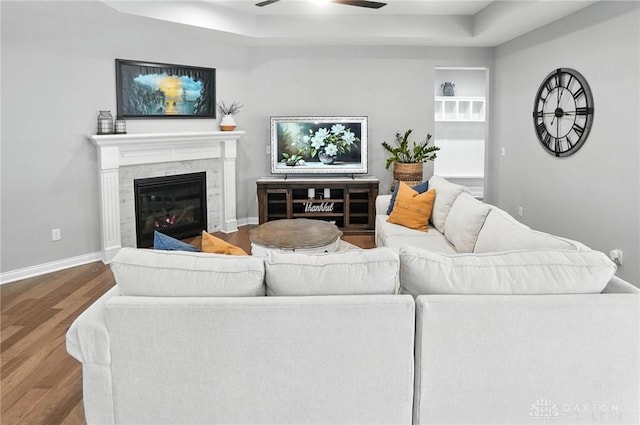 539 Bellasera Dr, Sugarcreek Twp, OH 45440 - living area featuring wood finished floors, a raised ceiling, ceiling fan, and a fireplace