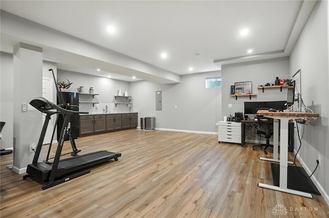 539 Bellasera Dr, Sugarcreek Twp, OH 45440 - workout area with electric panel, light wood-style flooring, and recessed lighting