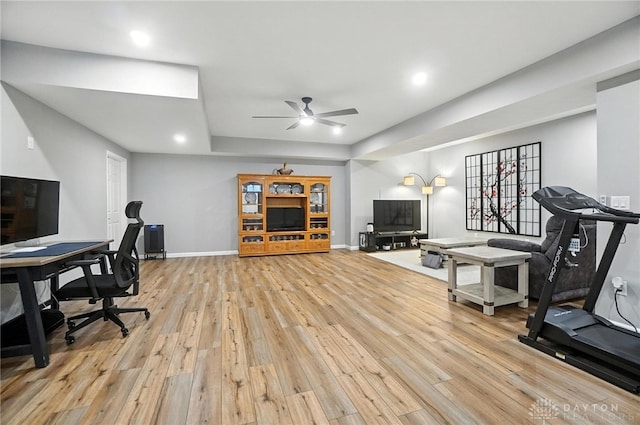 539 Bellasera Dr, Sugarcreek Twp, OH 45440 - home office with light wood-type flooring, ceiling fan, a raised ceiling, and recessed lighting